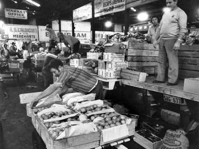 Just before 7am at the East End Market in 1981. Coismo Sacca of Virginia packs tomatoes.